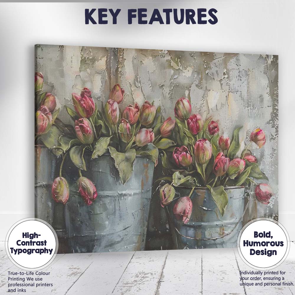Rustic Pink Tulips in Metal Buckets Floral Still Life Canvas Wall Art Print Decor Picture Ready to Hang