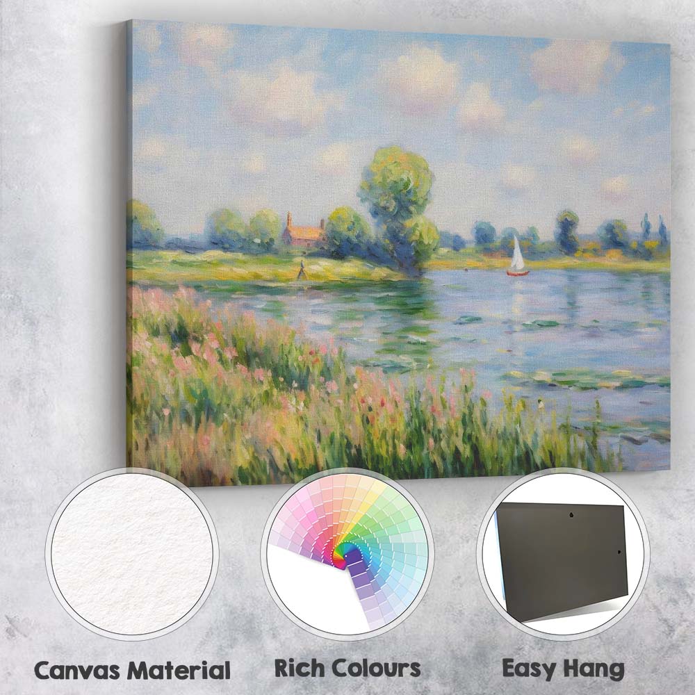 Pastel Riverside Meadow Sailboat Impressionist Landscape Canvas Wall Art Print Decor Picture Ready to Hang