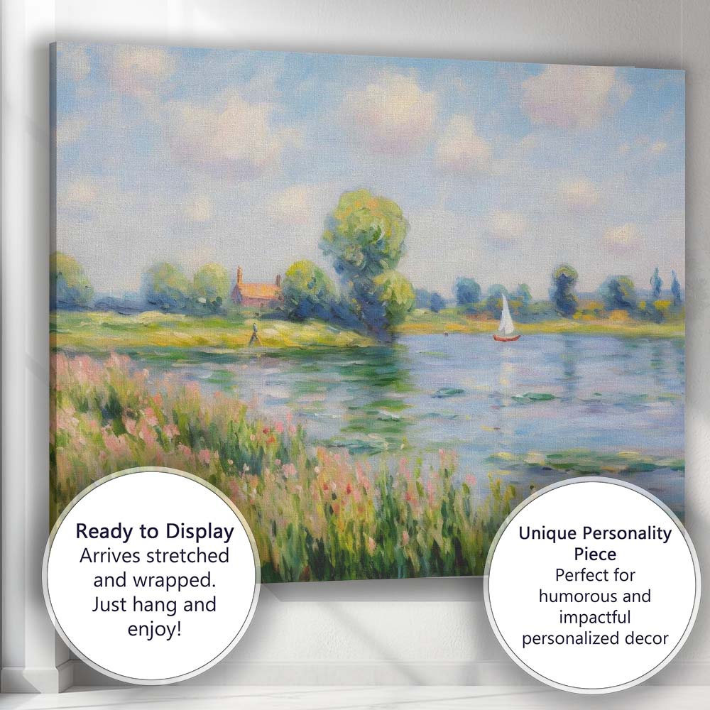 Pastel Riverside Meadow Sailboat Impressionist Landscape Canvas Wall Art Print Decor Picture Ready to Hang