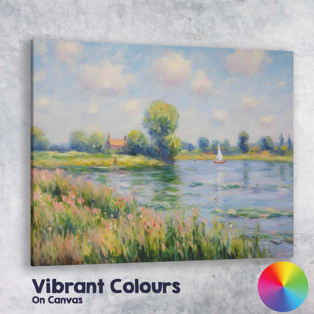Pastel Riverside Meadow Sailboat Impressionist Landscape Canvas Wall Art Print Decor Picture Ready to Hang