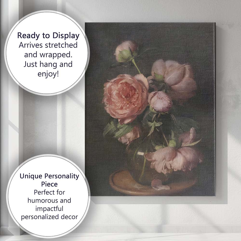Elegant Pink Peony Still Life Floral Painting Canvas Wall Art Print Decor Picture Ready to Hang