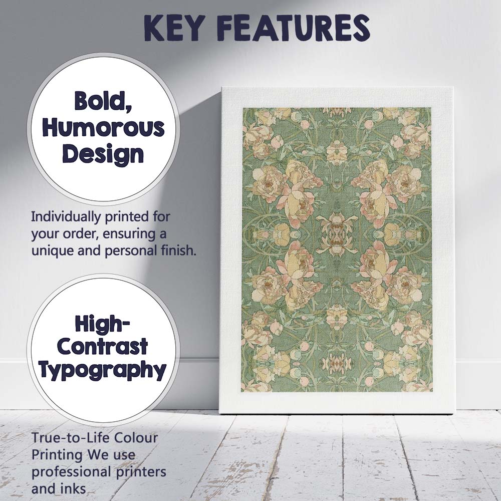 Art Nouveau Peony Floral Repeat Pattern Sage Green Canvas Wall Art Print Decor Picture Ready to Hang