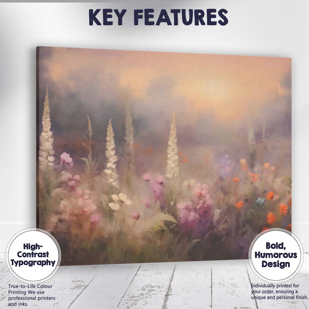 Dreamy Wildflower Meadow Misty Sunset Landscape Canvas Wall Art Print Decor Picture Ready to Hang