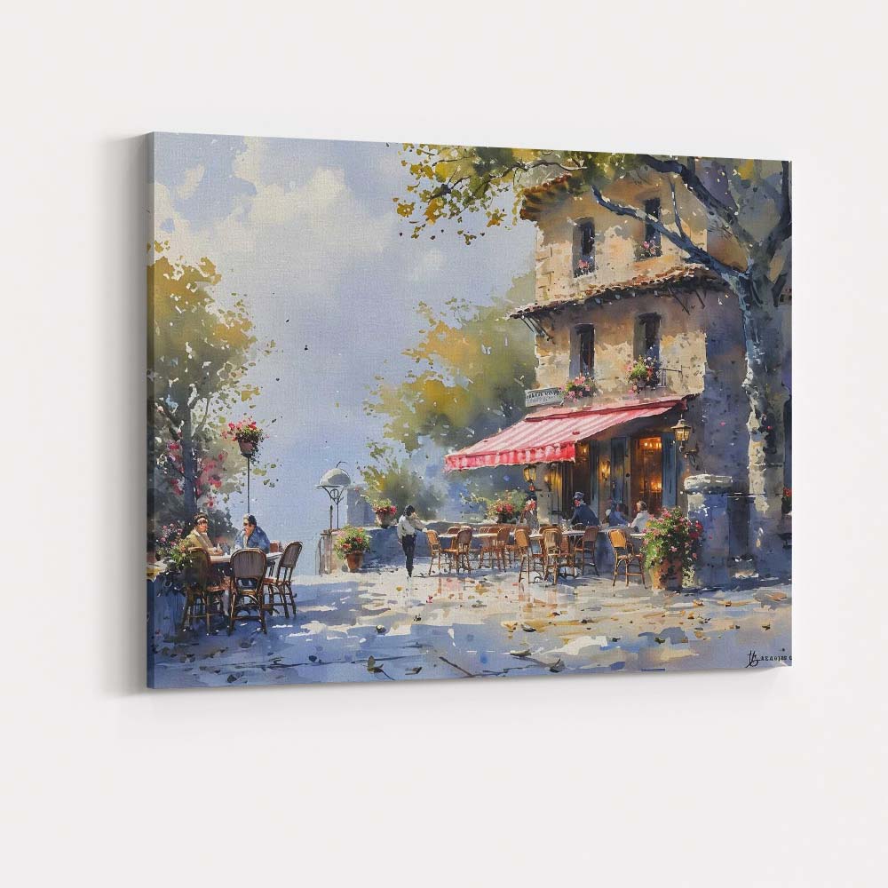 Charming European Cafe Street Watercolour Scene Canvas Wall Art Print Decor Picture Ready to Hang