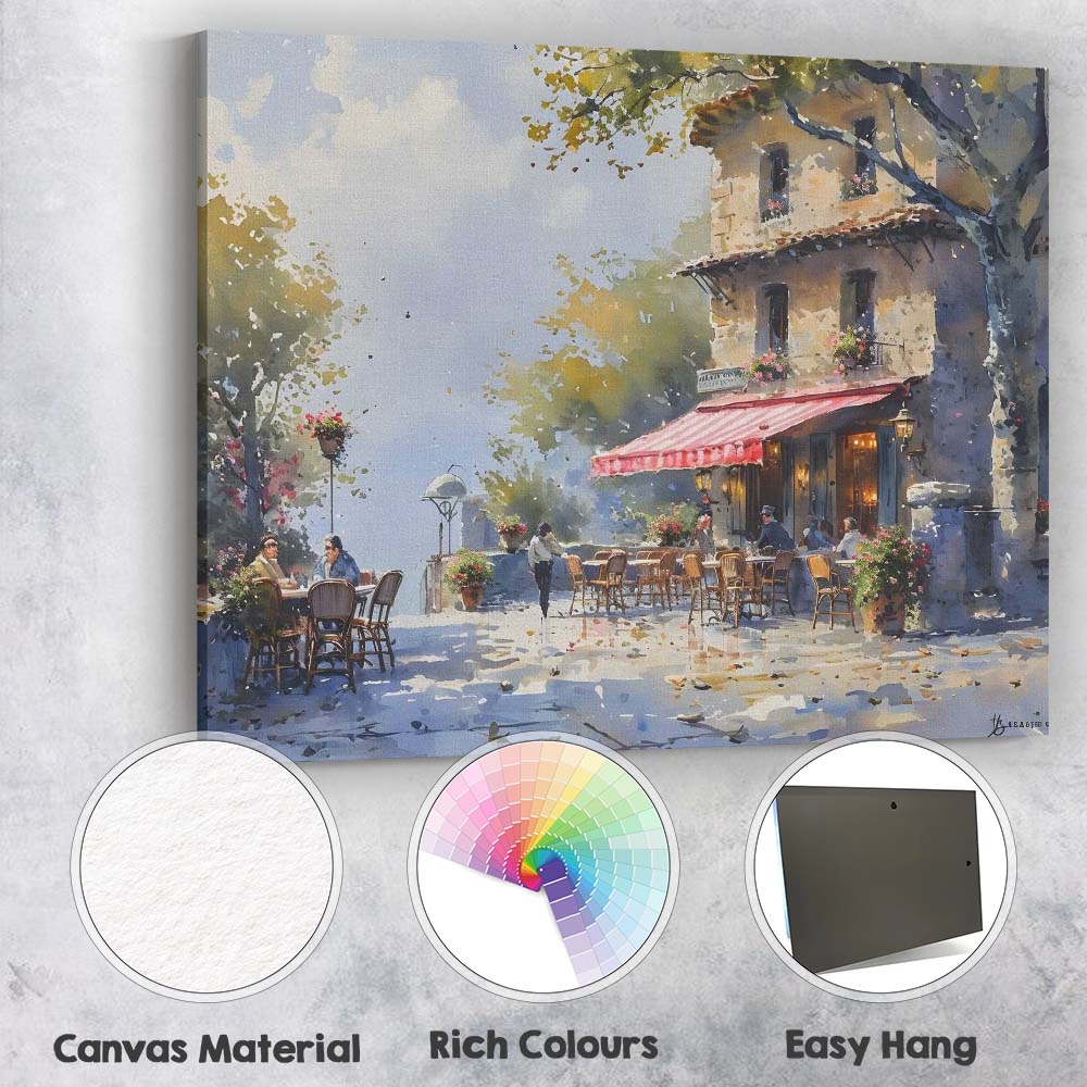 Charming European Cafe Street Watercolour Scene Canvas Wall Art Print Decor Picture Ready to Hang
