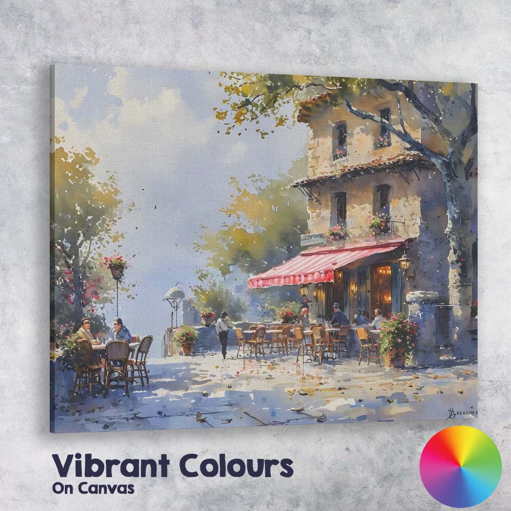 Charming European Cafe Street Watercolour Scene Canvas Wall Art Print Decor Picture Ready to Hang