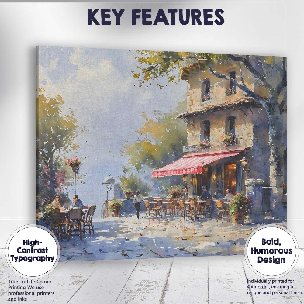 Charming European Cafe Street Watercolour Scene Canvas Wall Art Print Decor Picture Ready to Hang