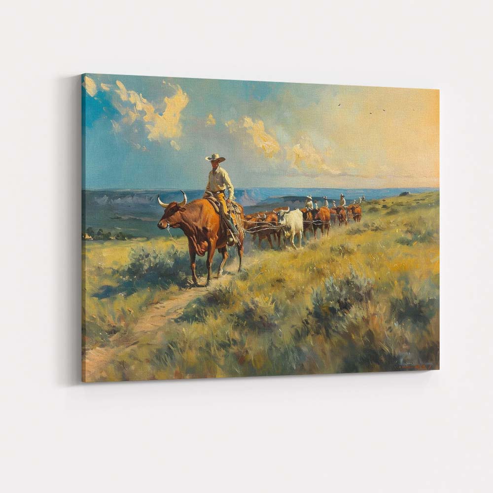Western Cattle Drive Cowboy Ranch Landscape Painting Canvas Wall Art Print Decor Picture Ready to Hang
