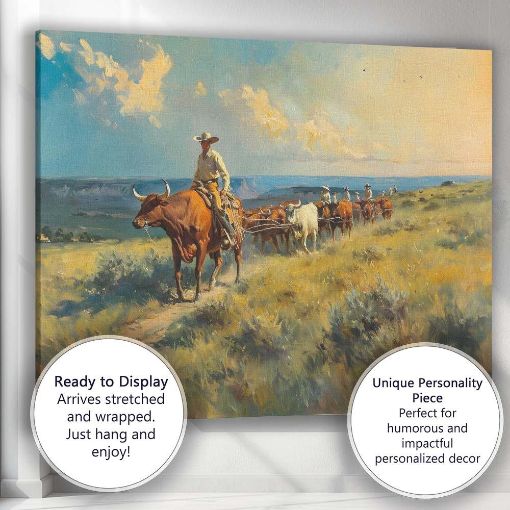 Western Cattle Drive Cowboy Ranch Landscape Painting Canvas Wall Art Print Decor Picture Ready to Hang