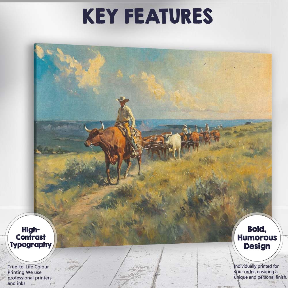 Western Cattle Drive Cowboy Ranch Landscape Painting Canvas Wall Art Print Decor Picture Ready to Hang