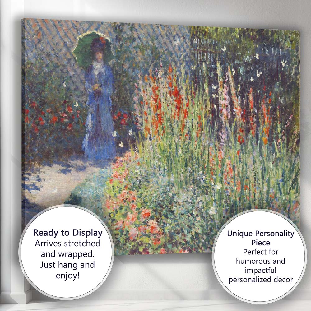 Impressionist Garden Lady With Parasol Colourful Flower Border Canvas Wall Art Print Decor Picture Ready to Hang