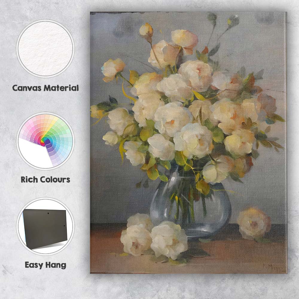 Soft Cream Rose Bouquet Floral Still Life Painting Canvas Wall Art Print Decor Picture Ready to Hang