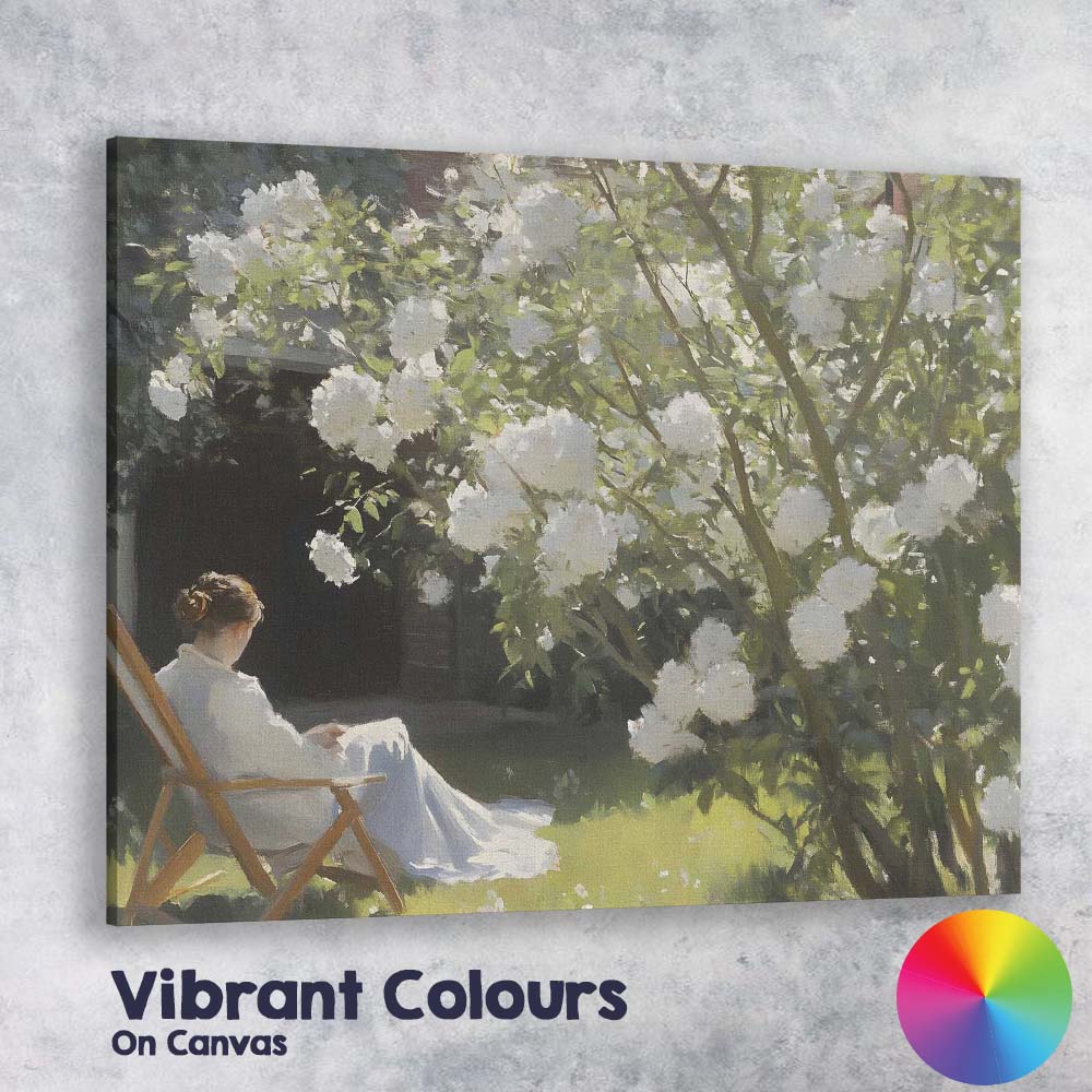 Sunlit White Blossom Tree Garden Woman Reading Impressionist Canvas Wall Art Print Decor Picture Ready to Hang