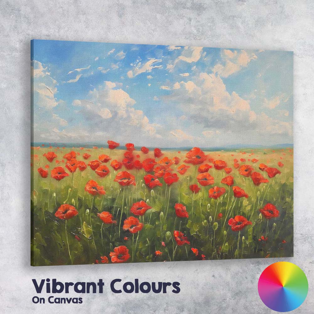 Vibrant Red Poppy Meadow Landscape Bright Blue Sky Impressionist Floral Field Painting Canvas Wall Art Print Decor Picture Ready to Hang
