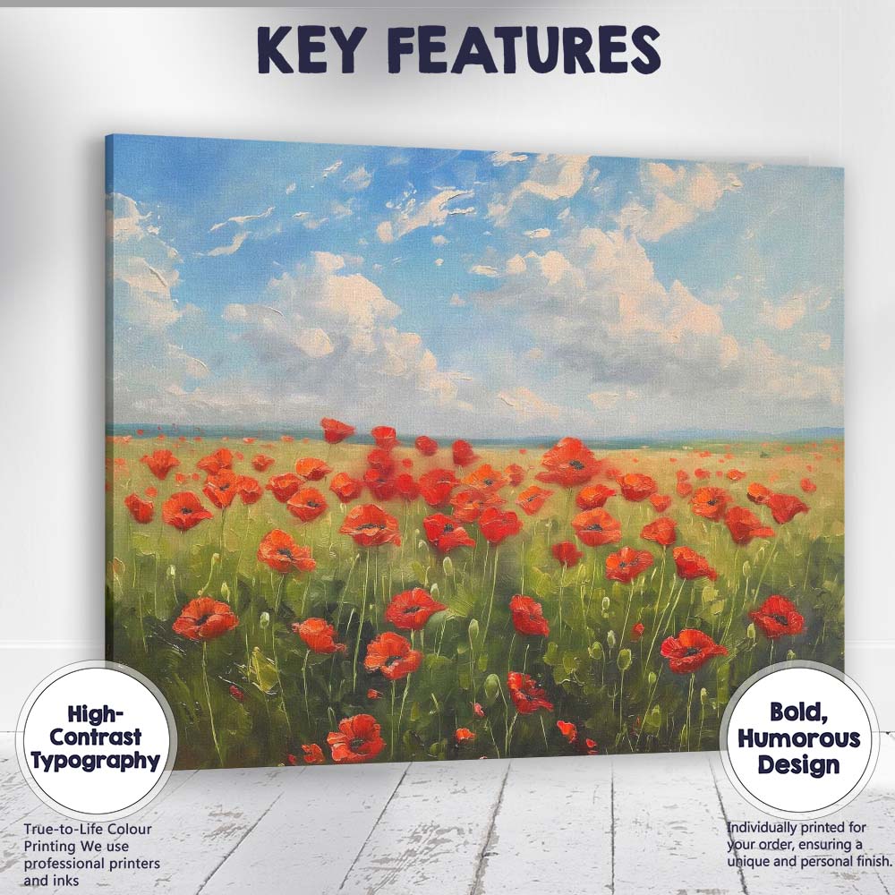 Vibrant Red Poppy Meadow Landscape Bright Blue Sky Impressionist Floral Field Painting Canvas Wall Art Print Decor Picture Ready to Hang