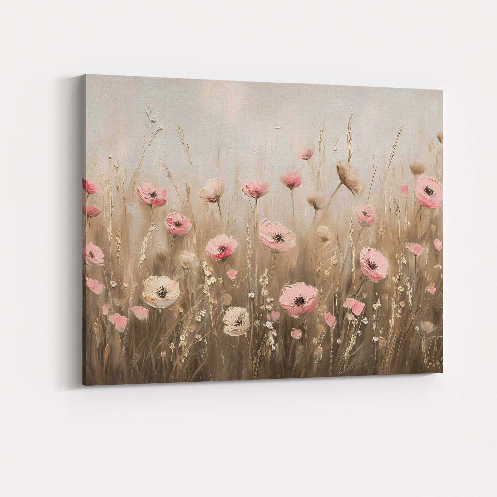Soft Pink Poppy Wildflower Meadow Textured Floral Painting Canvas Wall Art Print Decor Picture Ready to Hang
