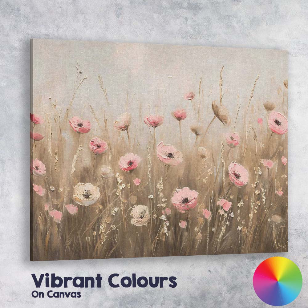 Soft Pink Poppy Wildflower Meadow Textured Floral Painting Canvas Wall Art Print Decor Picture Ready to Hang