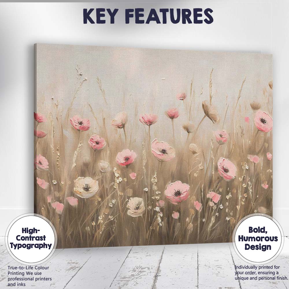 Soft Pink Poppy Wildflower Meadow Textured Floral Painting Canvas Wall Art Print Decor Picture Ready to Hang