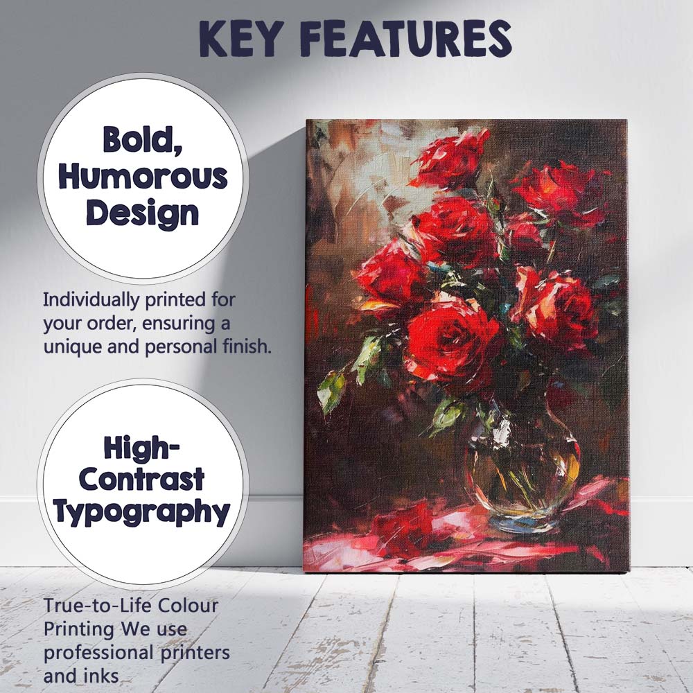 Rich Red Rose Bouquet Floral Still Life Oil Painting Canvas Wall Art Print Decor Picture Ready to Hang