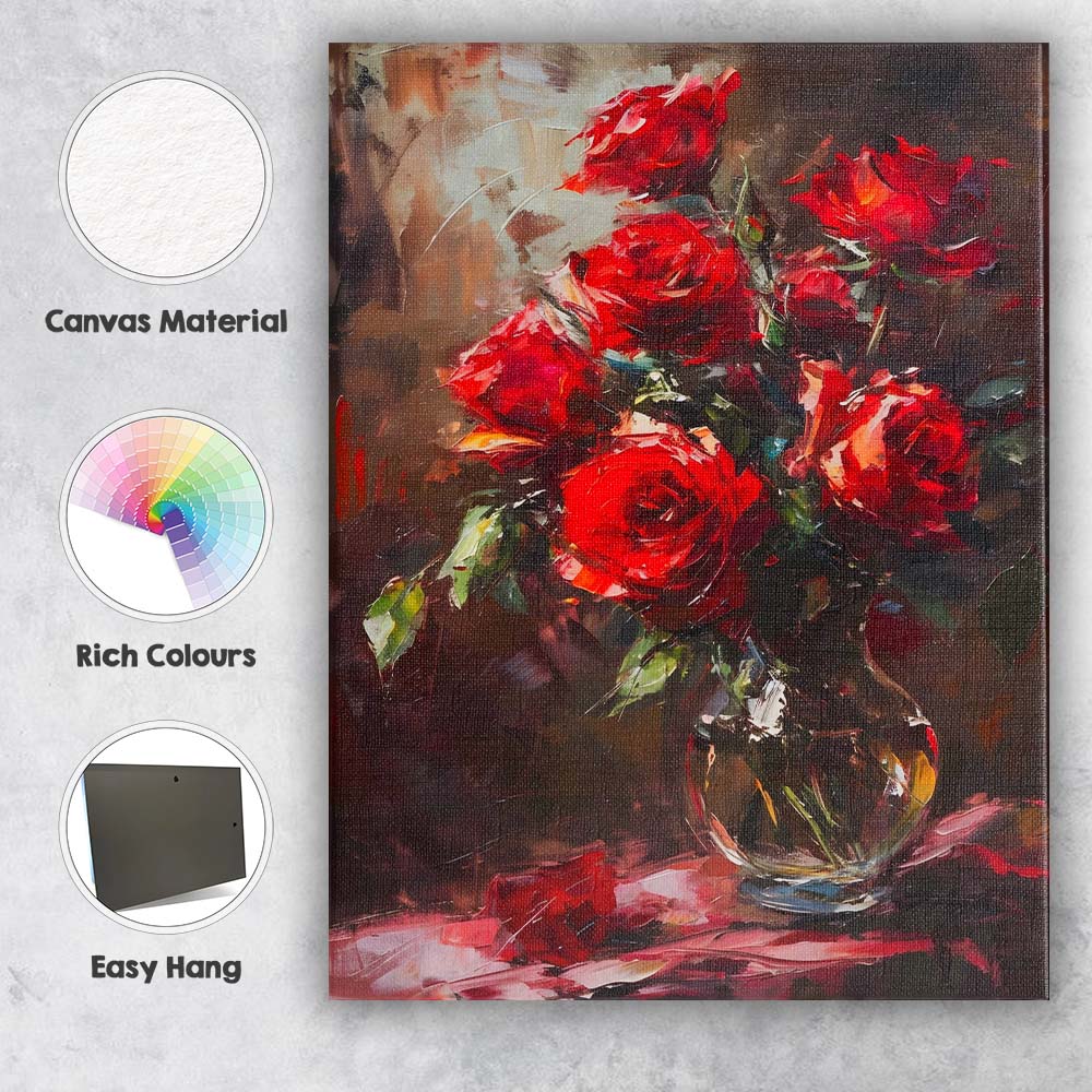 Rich Red Rose Bouquet Floral Still Life Oil Painting Canvas Wall Art Print Decor Picture Ready to Hang