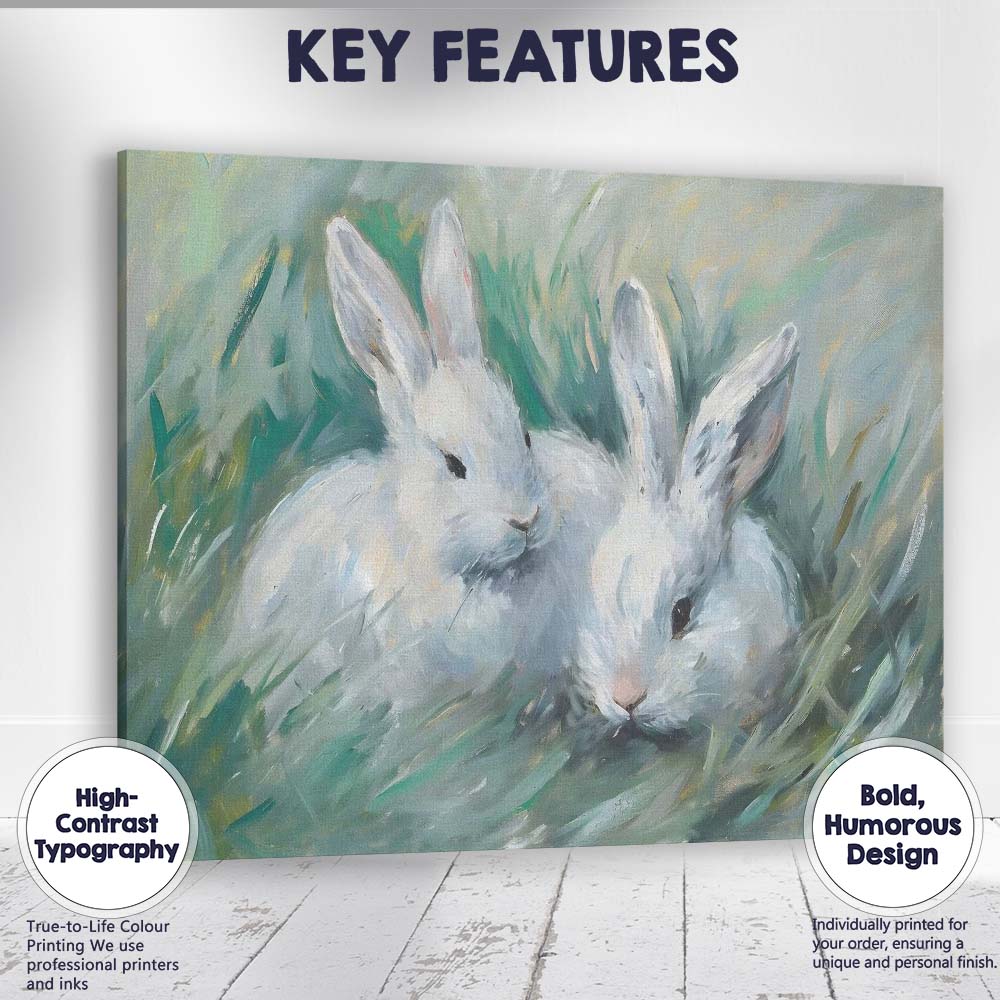 Cute White Bunny Rabbits Meadow Wildlife Painting Canvas Wall Art Print Decor Picture Ready to Hang