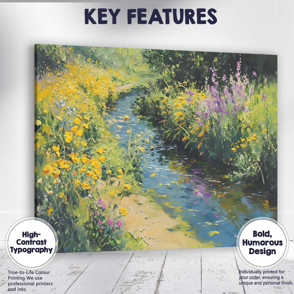 Colourful Wildflower Stream Summer Garden Landscape Canvas Wall Art Print Decor Picture Ready to Hang
