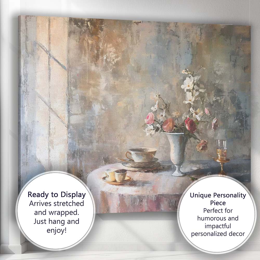 Elegant Floral Tea Table Still Life Contemporary Canvas Wall Art Print Decor Picture Ready to Hang
