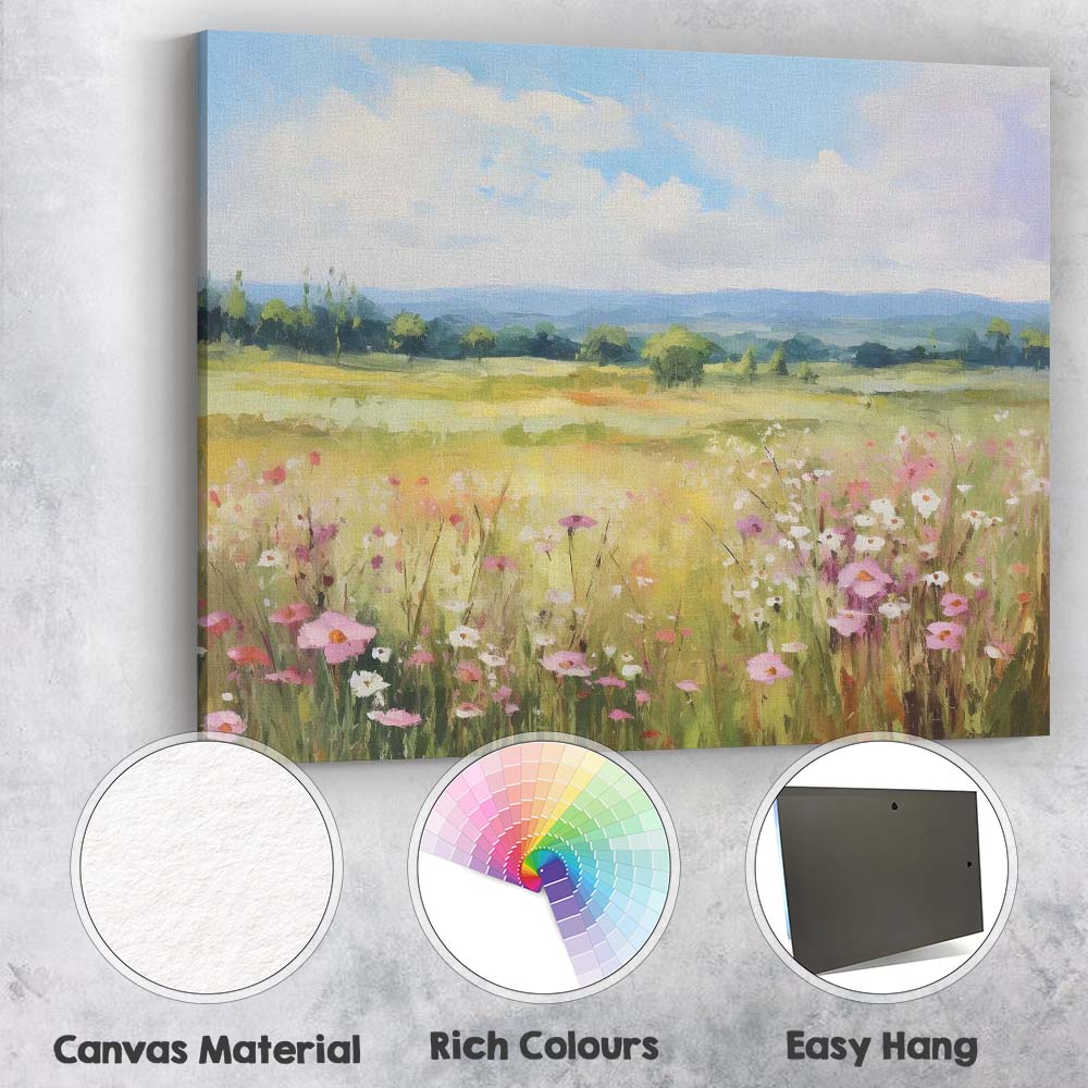 Pastel Wildflower Meadow Panoramic Countryside Landscape Canvas Wall Art Print Decor Picture Ready to Hang