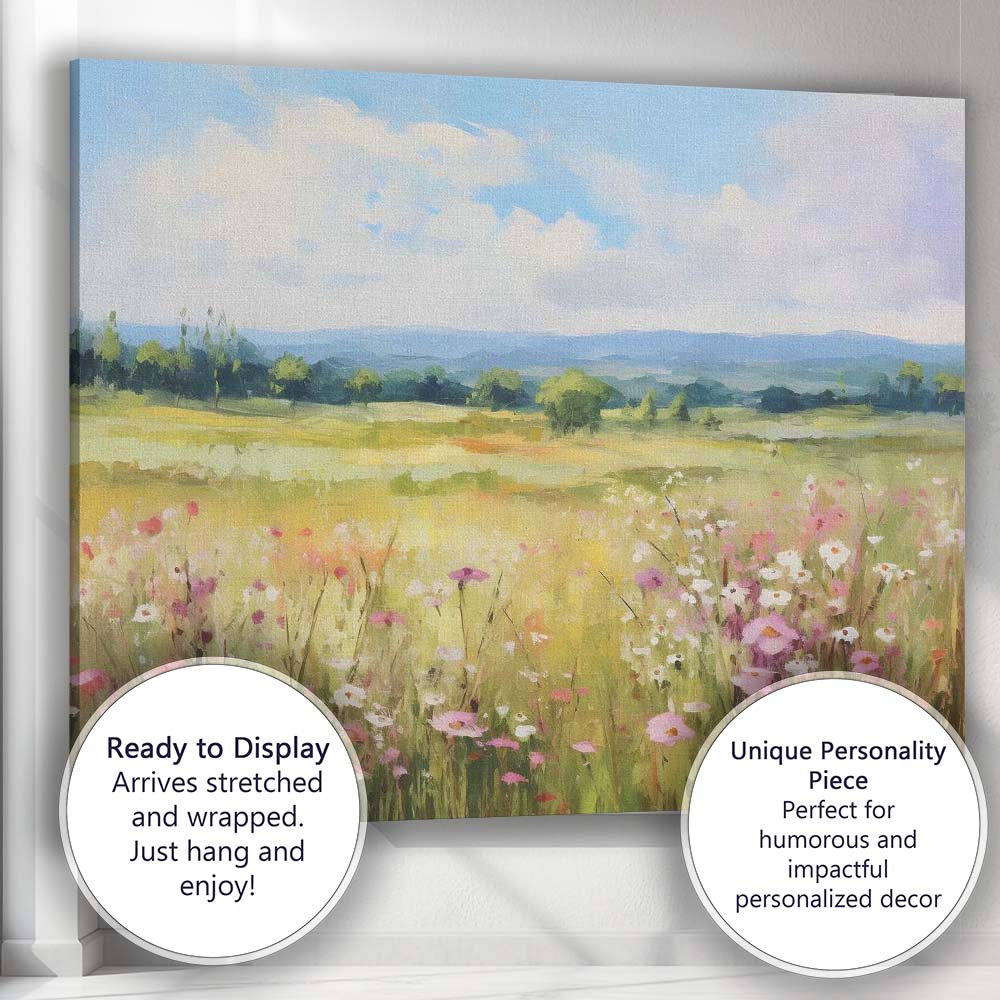 Pastel Wildflower Meadow Panoramic Countryside Landscape Canvas Wall Art Print Decor Picture Ready to Hang