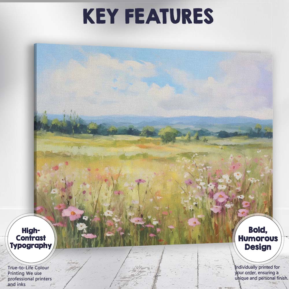Pastel Wildflower Meadow Panoramic Countryside Landscape Canvas Wall Art Print Decor Picture Ready to Hang
