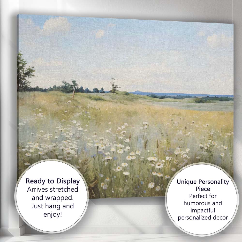 Soft Daisy Meadow Summer Field Landscape Impressionist Canvas Wall Art Print Decor Picture Ready to Hang