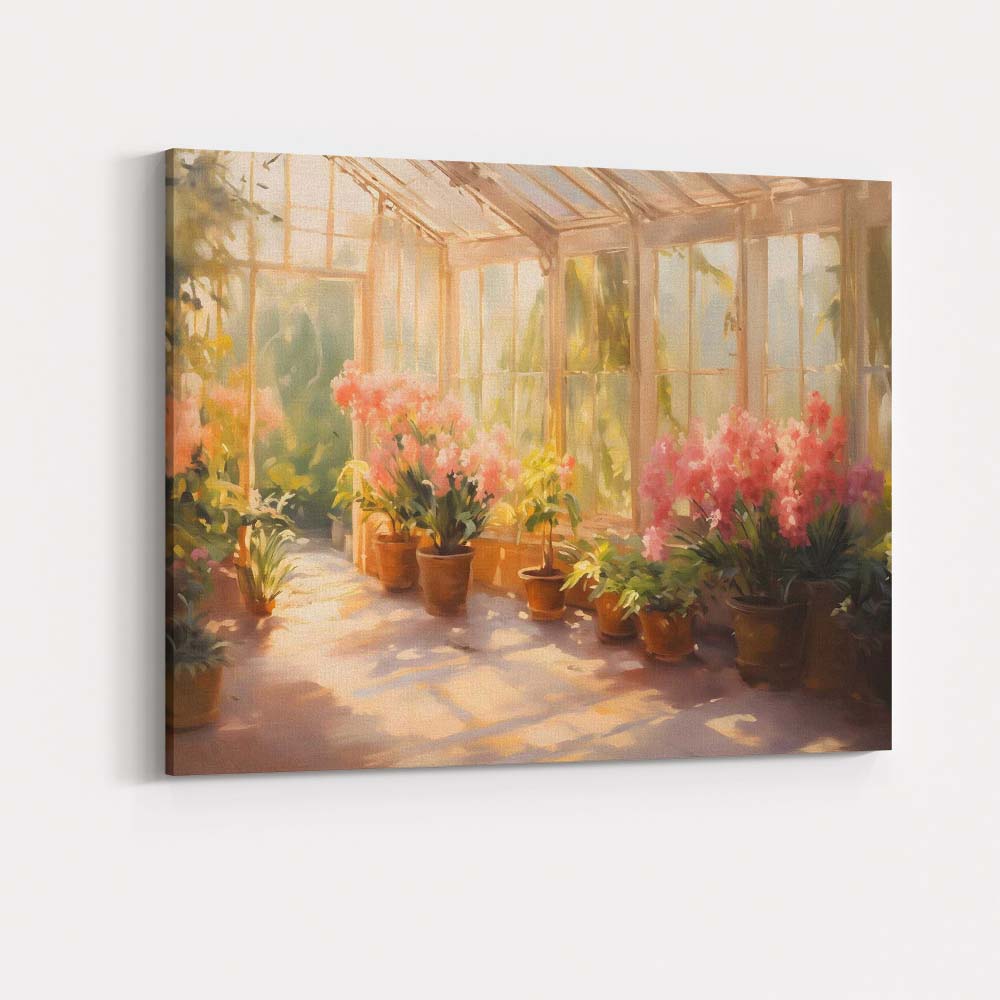 Sunlit Greenhouse Garden With Pink Flowers Painting Canvas Wall Art Print Decor Picture Ready to Hang