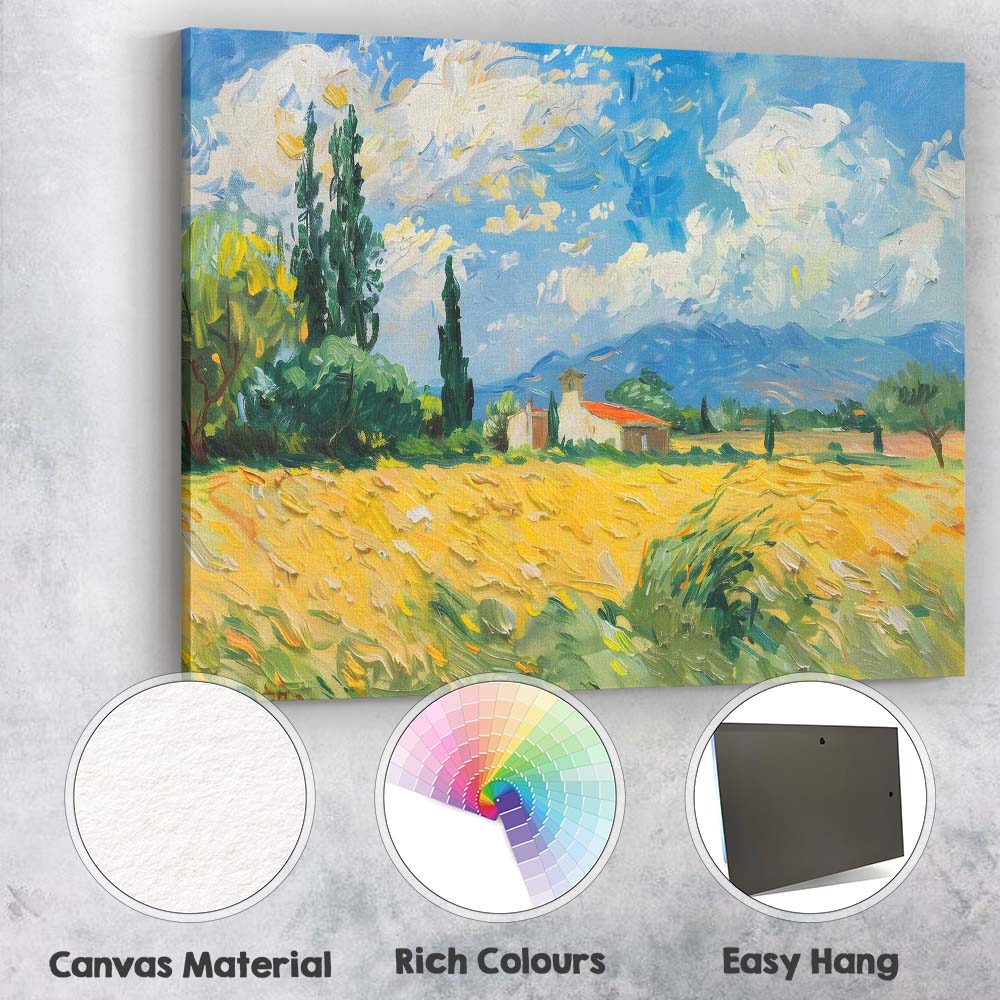 Impressionist Golden Wheat Field Country Chapel Blue Sky Landscape Canvas Wall Art Print Decor Picture Ready to Hang