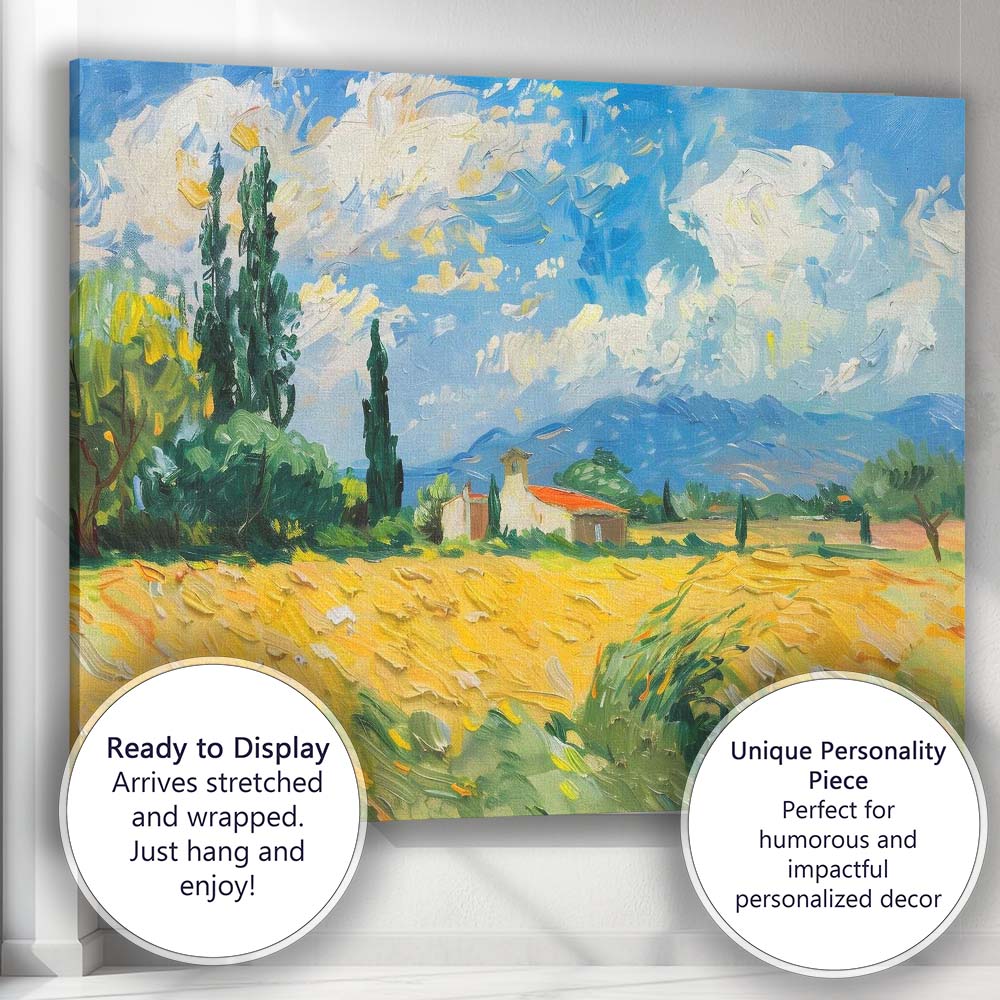 Impressionist Golden Wheat Field Country Chapel Blue Sky Landscape Canvas Wall Art Print Decor Picture Ready to Hang