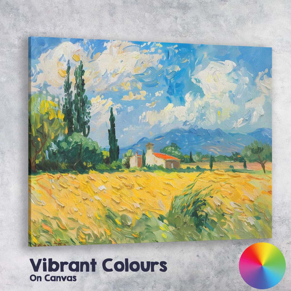 Impressionist Golden Wheat Field Country Chapel Blue Sky Landscape Canvas Wall Art Print Decor Picture Ready to Hang