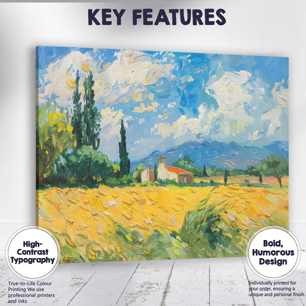 Impressionist Golden Wheat Field Country Chapel Blue Sky Landscape Canvas Wall Art Print Decor Picture Ready to Hang
