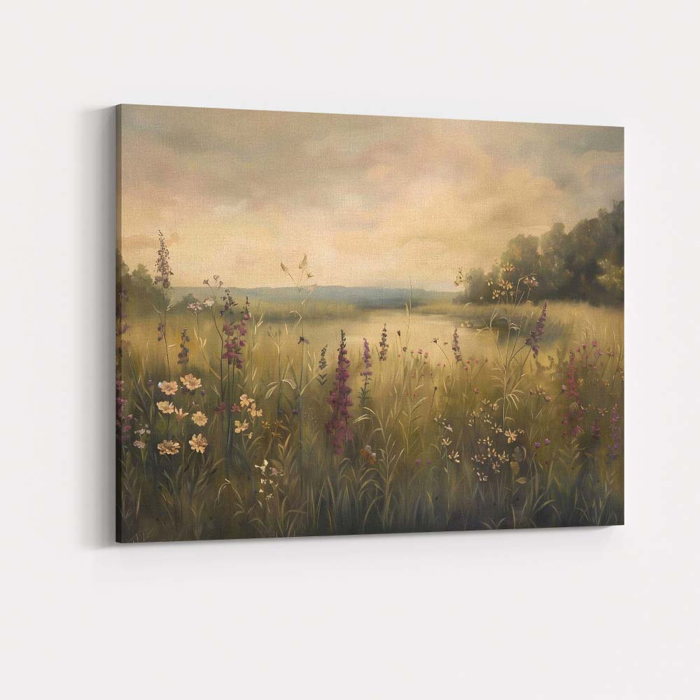 Dreamy Wildflower Lakeside Sunset Meadow Landscape Canvas Wall Art Print Decor Picture Ready to Hang