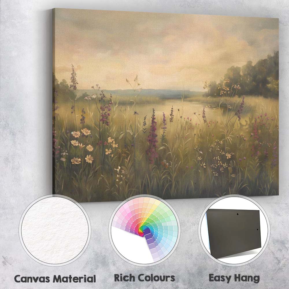 Dreamy Wildflower Lakeside Sunset Meadow Landscape Canvas Wall Art Print Decor Picture Ready to Hang