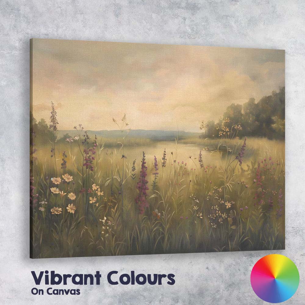 Dreamy Wildflower Lakeside Sunset Meadow Landscape Canvas Wall Art Print Decor Picture Ready to Hang