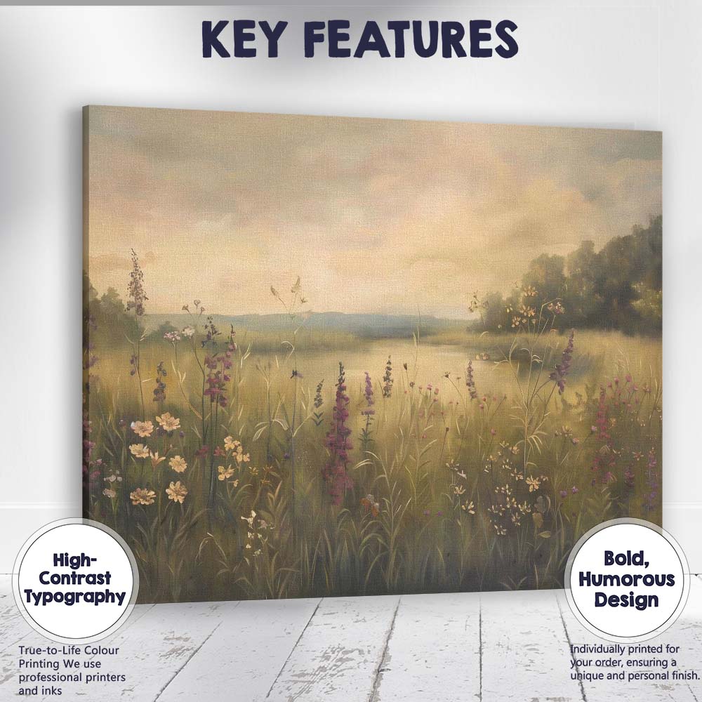 Dreamy Wildflower Lakeside Sunset Meadow Landscape Canvas Wall Art Print Decor Picture Ready to Hang