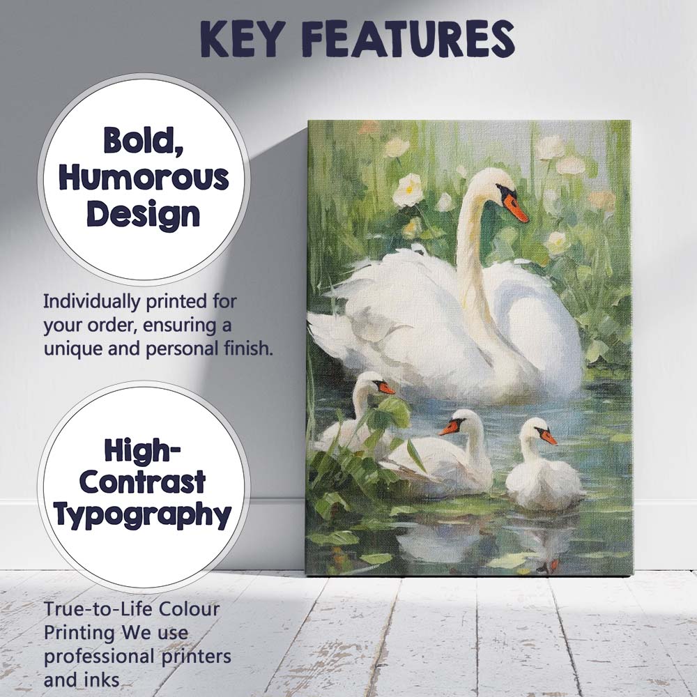 Elegant White Swan Family Pond Nature Impressionist Wildlife Canvas Wall Art Print Decor Picture Ready to Hang