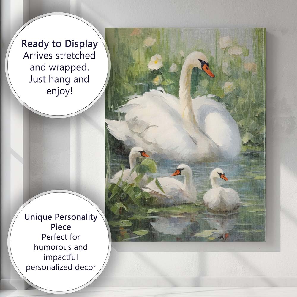 Elegant White Swan Family Pond Nature Impressionist Wildlife Canvas Wall Art Print Decor Picture Ready to Hang