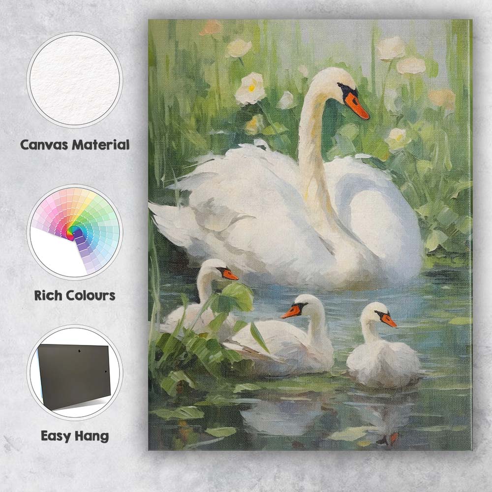 Elegant White Swan Family Pond Nature Impressionist Wildlife Canvas Wall Art Print Decor Picture Ready to Hang