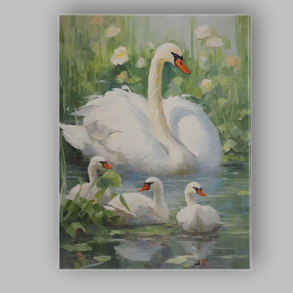 Elegant White Swan Family Pond Nature Impressionist Wildlife Canvas Wall Art Print Decor Picture Ready to Hang