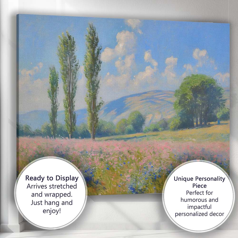 Pastel Wildflower Meadow Poplar Trees Countryside Impressionist Landscape Canvas Wall Art Print Decor Picture Ready to Hang