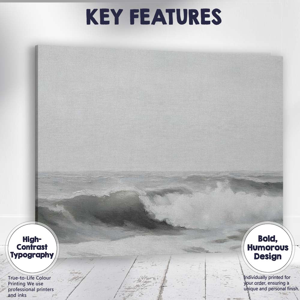 Minimalist Monochrome Ocean Waves Coastal Seascape Canvas Wall Art Print Decor Picture Ready to Hang