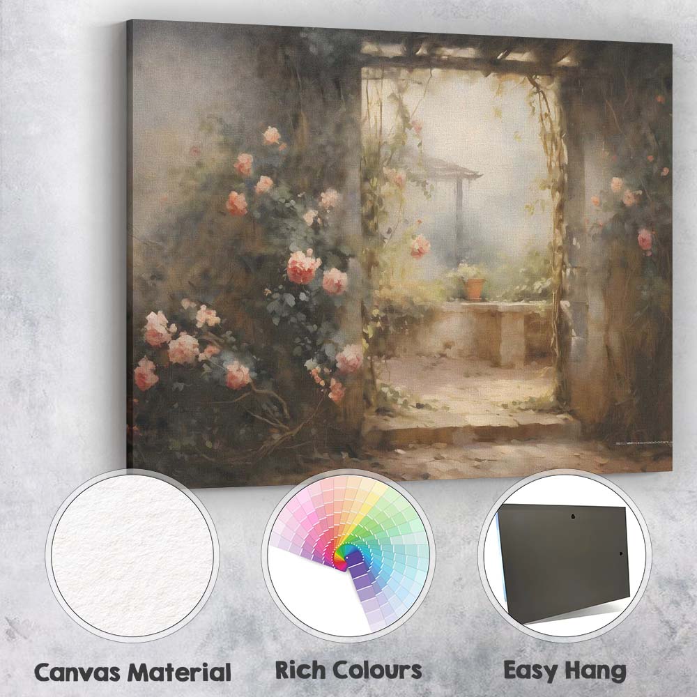 Romantic Rose Covered Garden Courtyard Impressionist Canvas Wall Art Print Decor Picture Ready to Hang