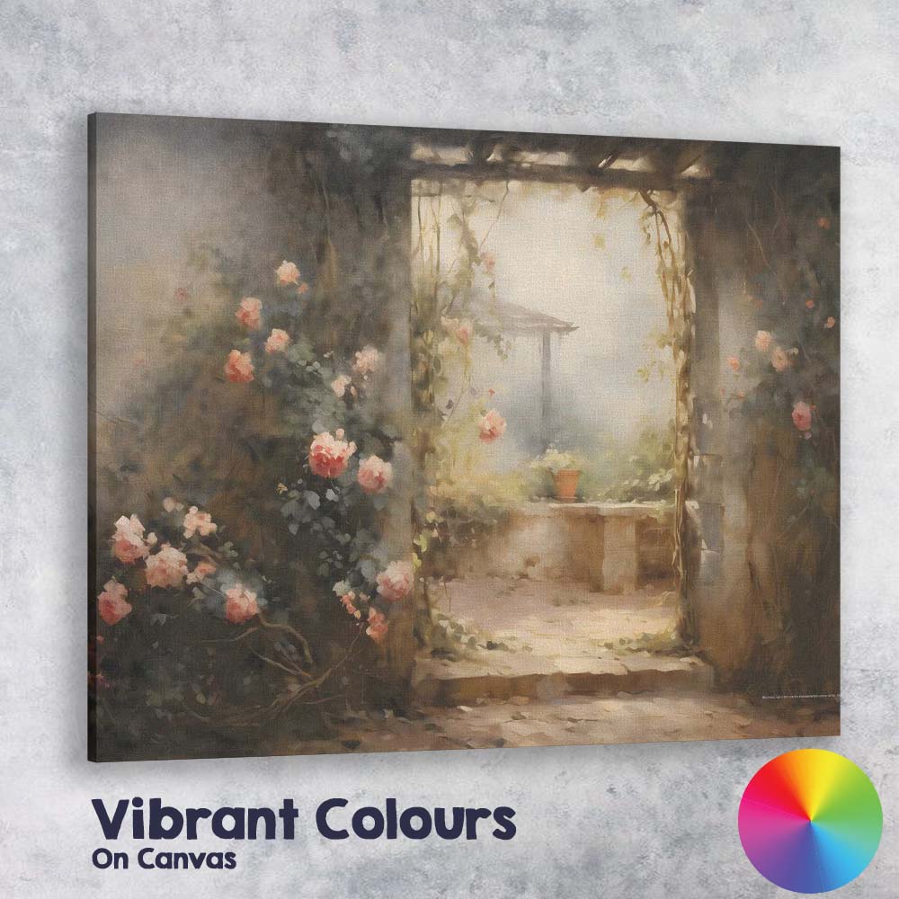 Romantic Rose Covered Garden Courtyard Impressionist Canvas Wall Art Print Decor Picture Ready to Hang