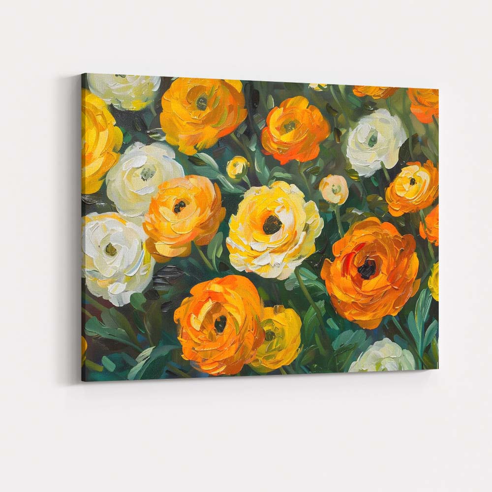 Vibrant Orange White Ranunculus Floral Painting Canvas Wall Art Print Decor Picture Ready to Hang