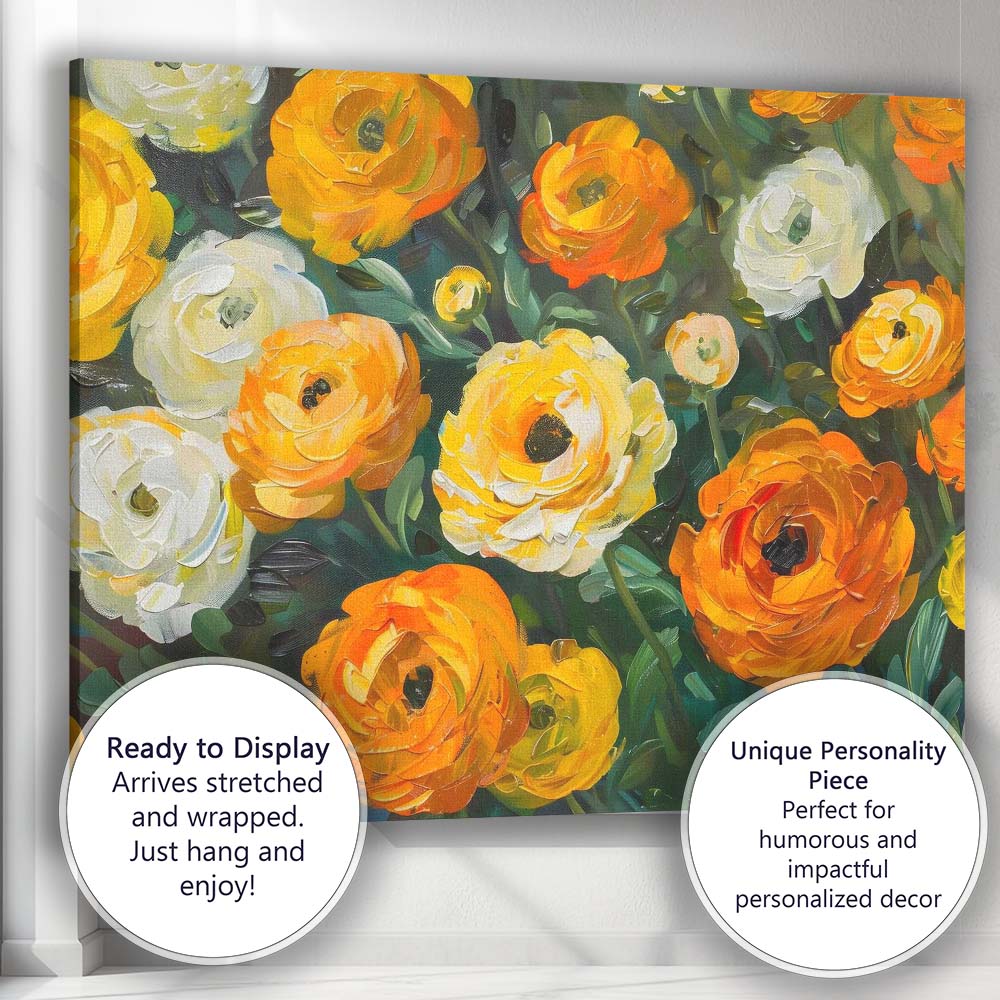 Vibrant Orange White Ranunculus Floral Painting Canvas Wall Art Print Decor Picture Ready to Hang